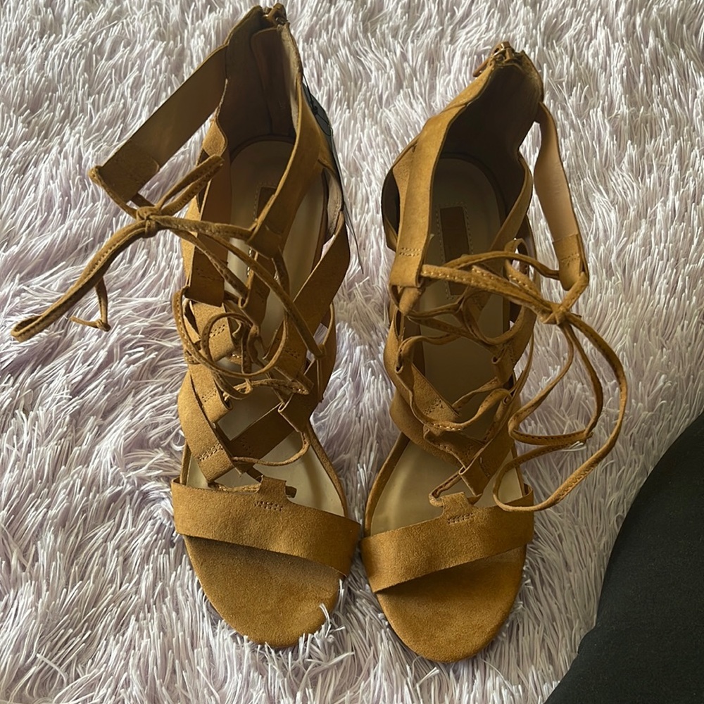 Brand new Size 10 camel colored strappy high heels